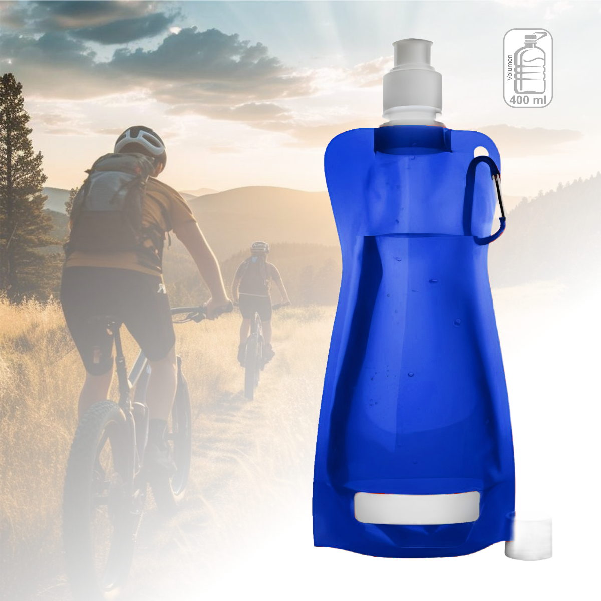 Faltbare blaue Trinkflasche mit Karabinerhaken und weißem Ausgießer, 400 ml
