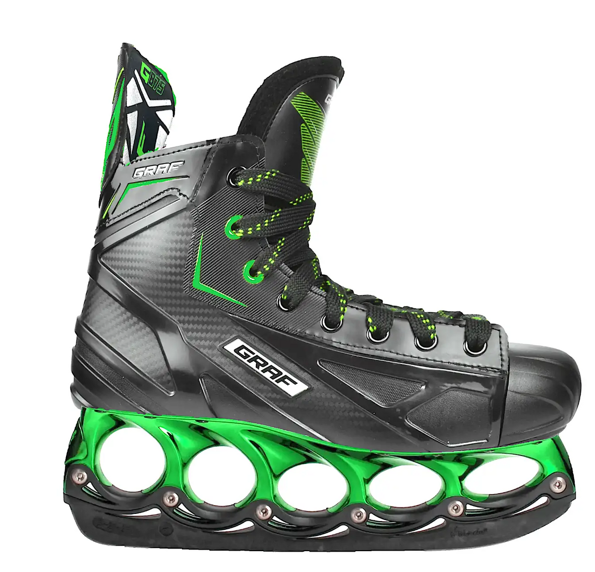 Schlittschuh 3/4-Ansicht: schwarz mit grünem Design, Schnürung und Kunststoffkufenprofil