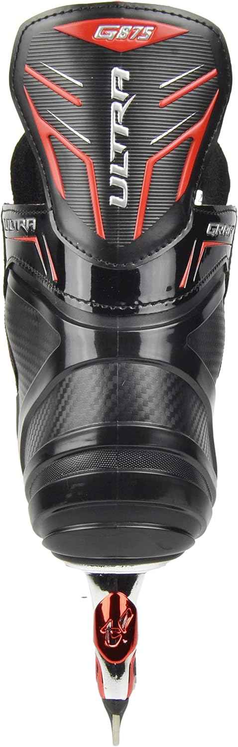 Schlittschuh vorne mit schwarzem Schaft und rotem ULTRA-Design, Schnürung