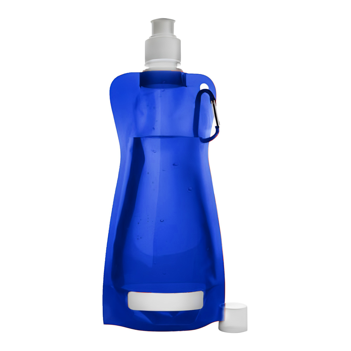 Faltbare Trinkflasche in Blau mit Karabinerhaken und weißem Deckel, 400 ml