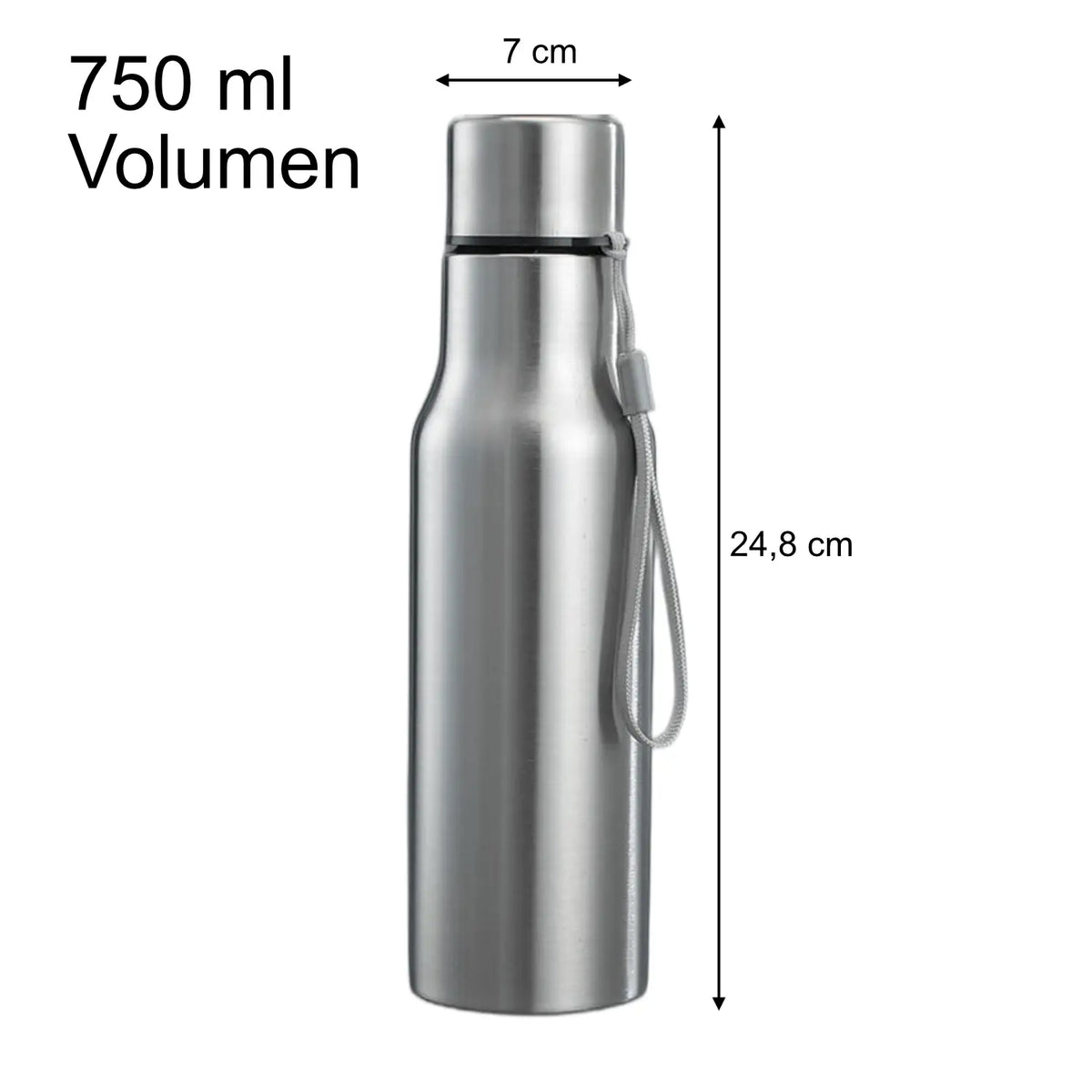 Edelstahl-Trinkflasche 750 ml mit Trageschlaufe und Schraubdeckel, silberfarben
