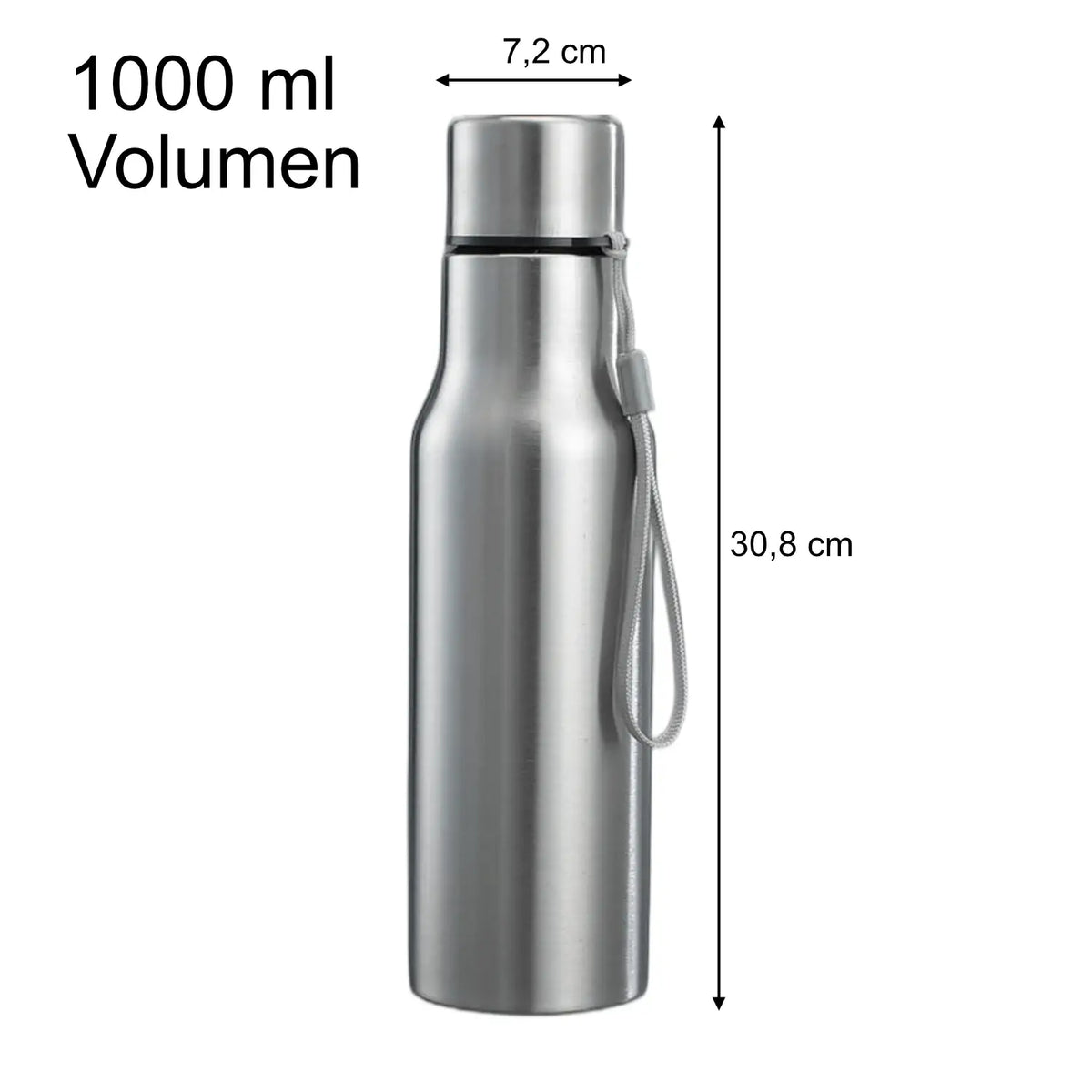 Edelstahl-Trinkflasche 1000 ml, mit Trageschlaufe, gerader Zylinder mit Ringverschluss.