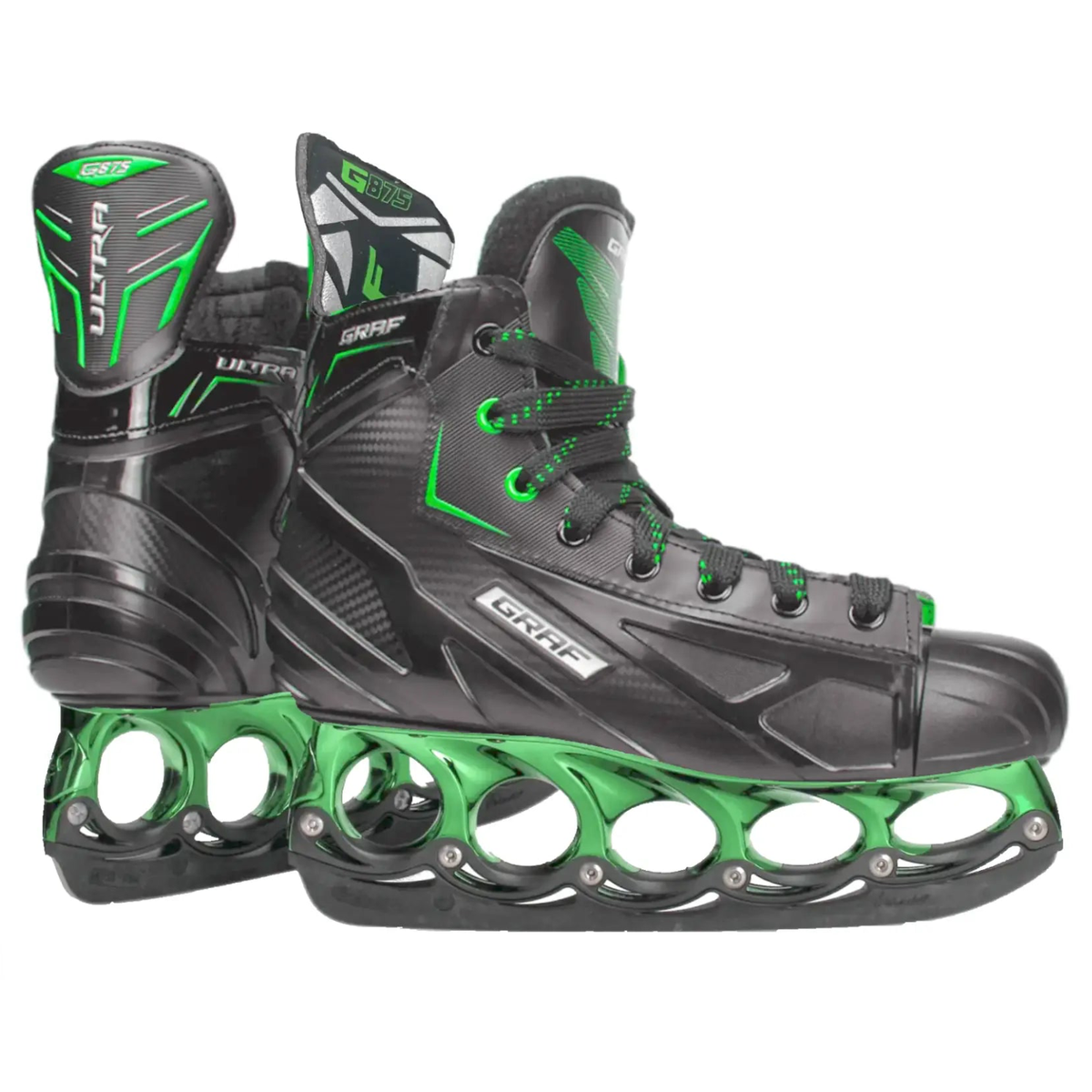 Schlittschuh seitlich: schwarz mit grüner Akzentkante, Schnürung und Kufenreihe mit Löchern