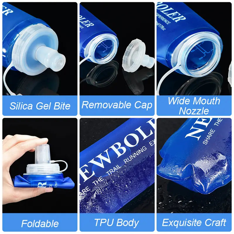 Faltbare Wasserflasche TPU blau, breiter Auslass, abnehmbarer Deckel und Bissschutz