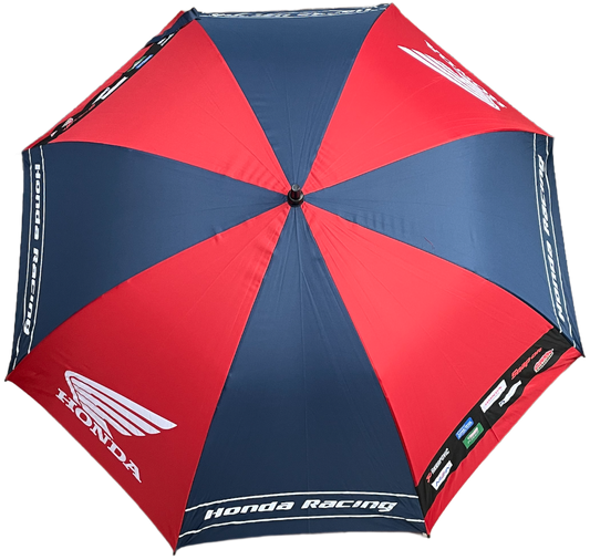 Automatikschirm mit rot-blauem Design und HONDA Racing Logoprints, rund geöffnet