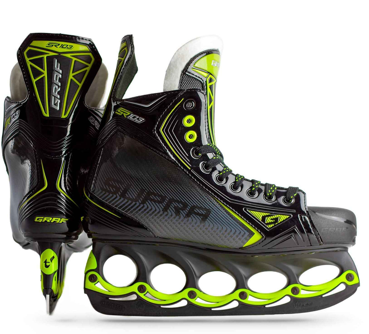 Eishockey-Schlittschuh in Schwarz mit Neongrün, seitlicher Blick, Kunststoffkufen