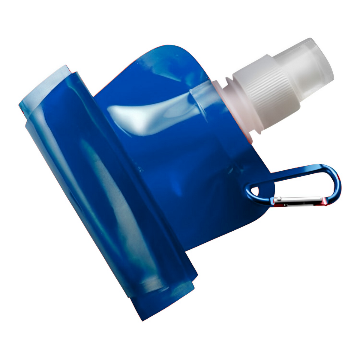 Faltbare Trinkflasche in Blau, zusammengefaltet, mit weißem Mundstück und Karabiner