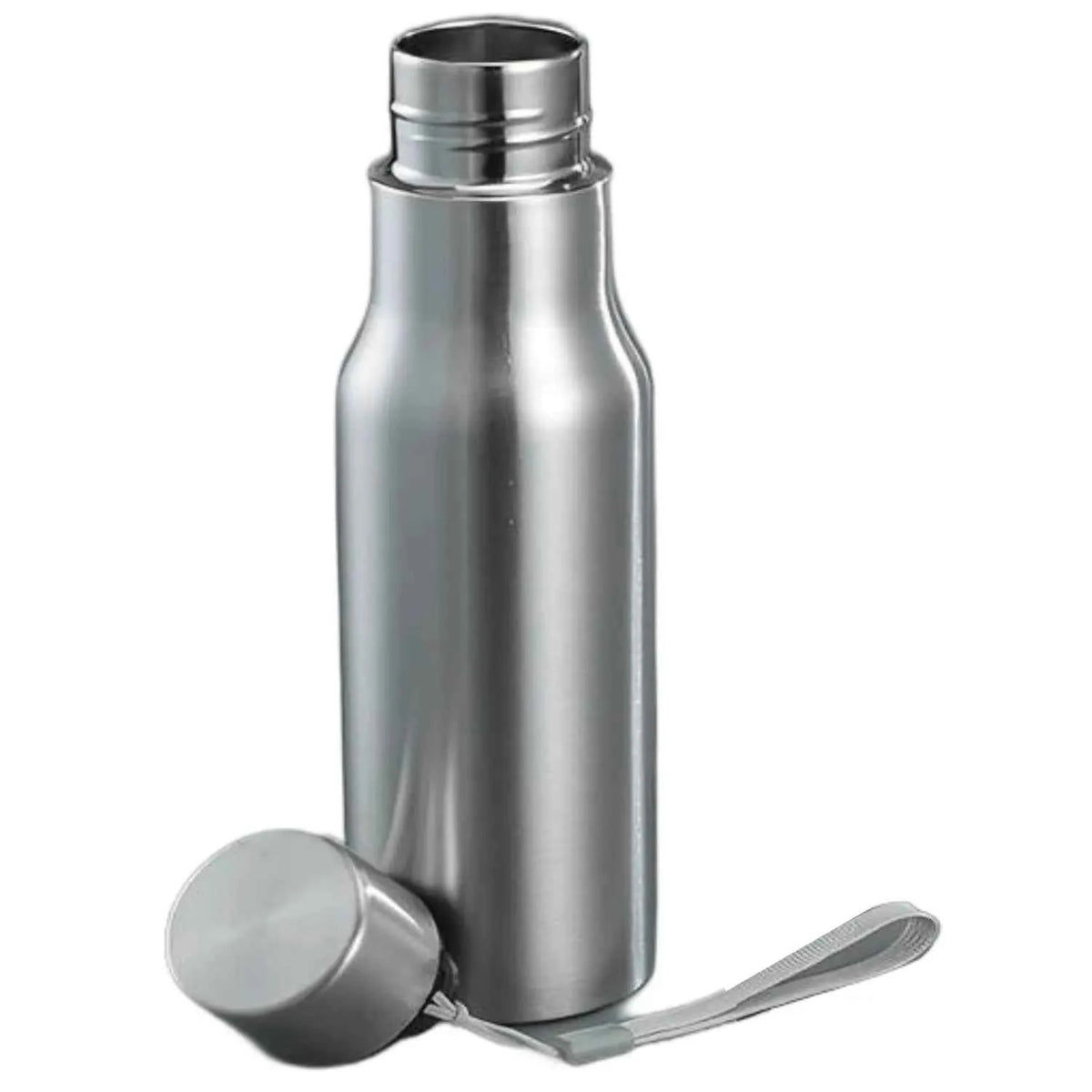 Edelstahl-Trinkflasche mit Schraubdeckel, sichtbare Öffnung und Trageschlaufe.