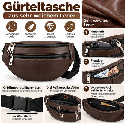 Gürteltasche Braun Leder 3 Fächer mit Reißverschluss Sling Bag