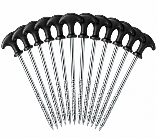 Schraub-Zeltheringe-Set: schwarze Köpfe, gedrehtes Metallgewinde, 21 cm, 12 Stück