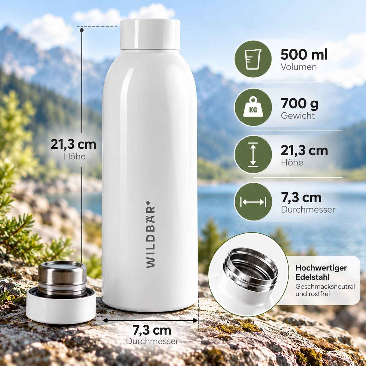 Weiße Edelstahl-Trinkflasche mit geöffnetem silbernen Bodenverschluss und Schraubdeckel