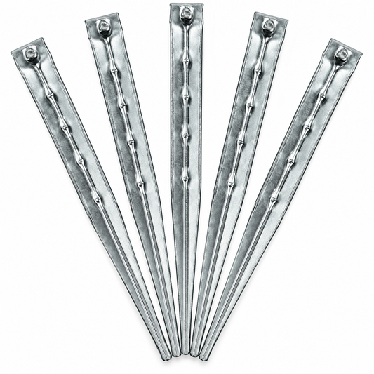 Aluminium-Zelt-Heringe-Set: 5 silberne Erdnägel, 18 cm, V-Profil mit Haken