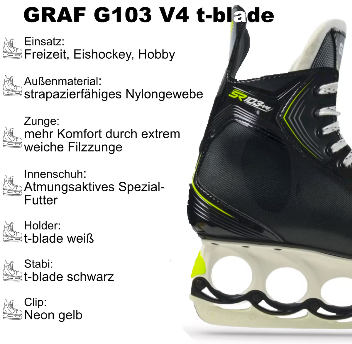 Graf Schlittschuh-Eigenschaften: Nylongewebe, Futter, t-blade weiß, Clip neon gelb