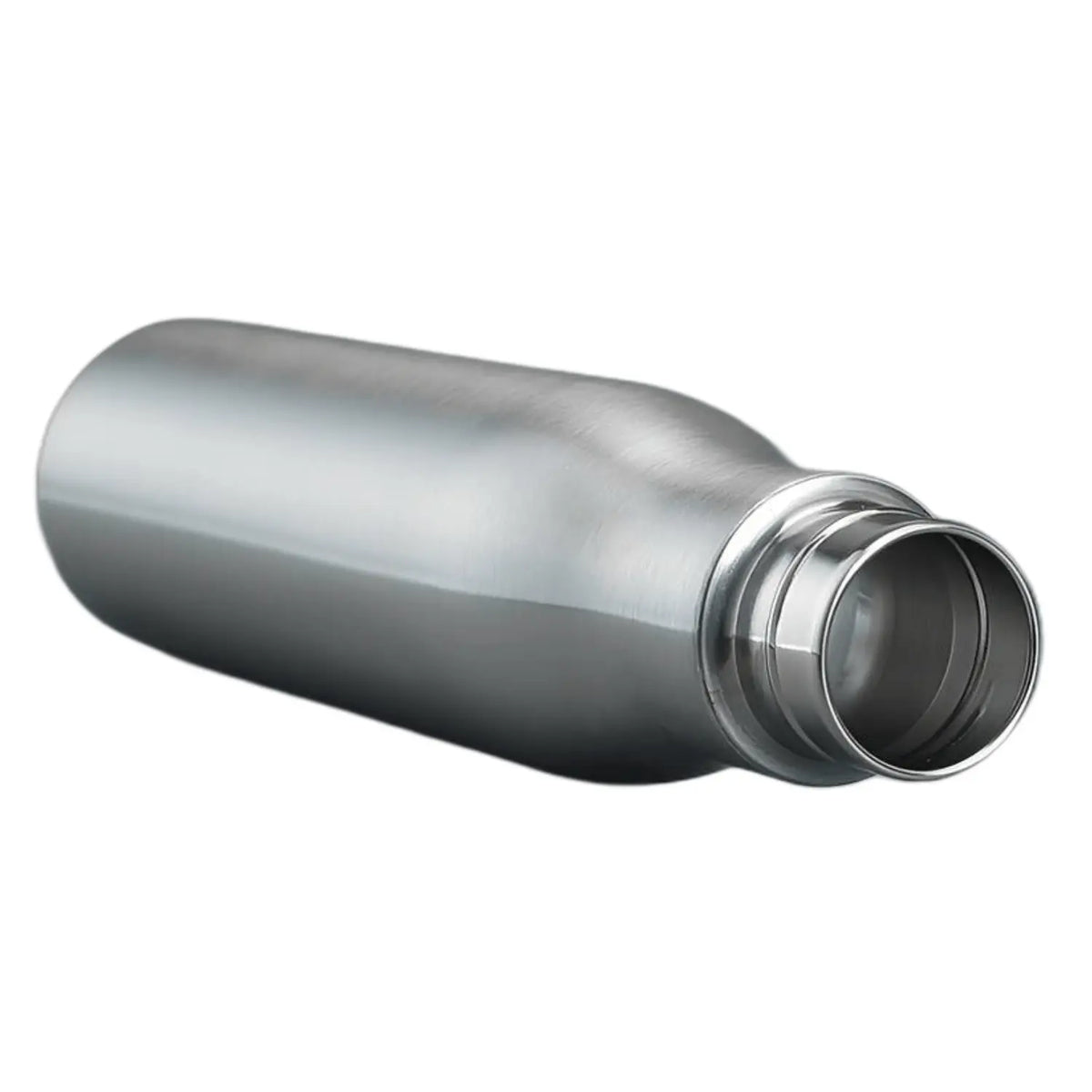Edelstahl-Trinkflasche mit sichtbarer Öffnung am Boden, silberfarben