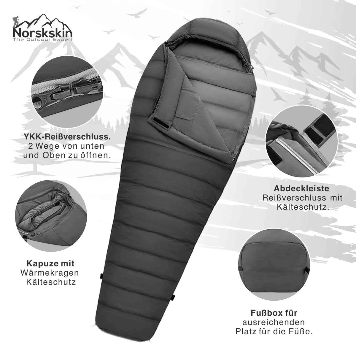 Mumienschlafsack dunkelgrau mit Kapuze, Kältekragen und Reißverschluss