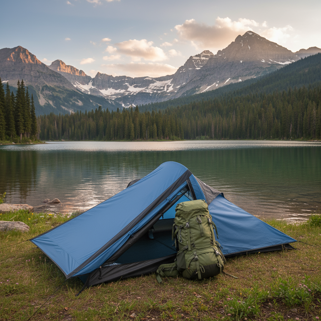 Campingzelt blau-schwarz mit geöffnetem Innenraum und Abspannleinen