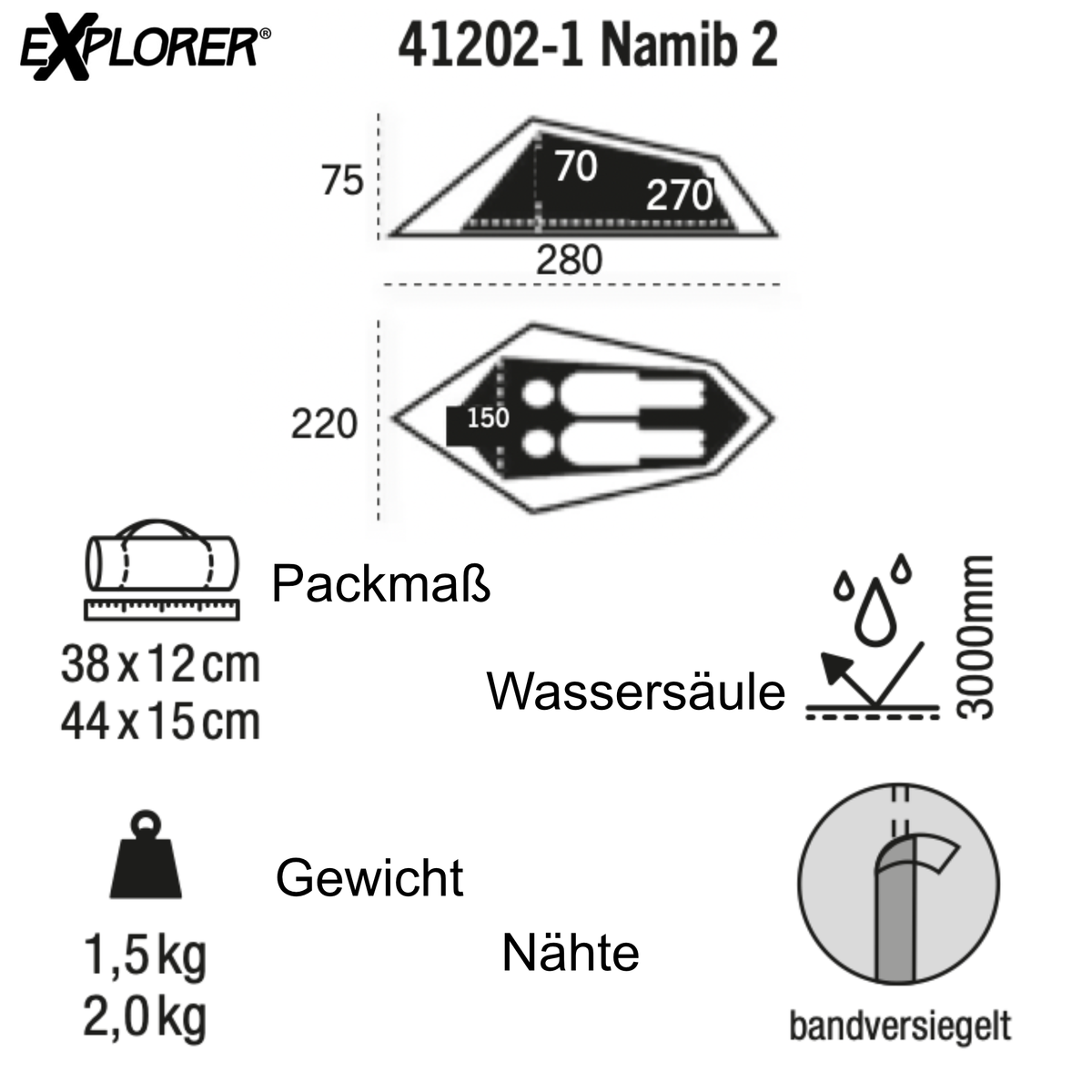 Explorer 41202-1 Namib 2: Wassersäule 3000 mm, Packmaß 38×12 cm, 1,5 kg