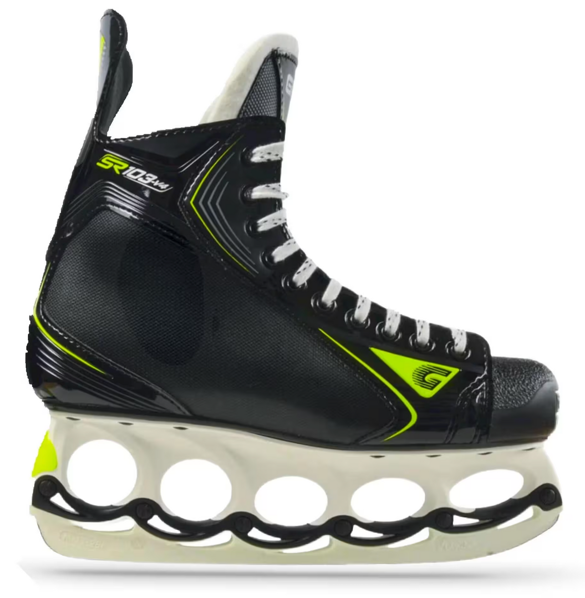 Schlittschuh, schwarzer High-Top-Stiefel mit neon gelber Zierlinie, weiße Kufen
