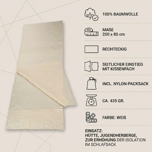 Schlafsack Inlett Hüttenschlafsack Baumwolle 200 cm x 80 cm Kissenfach