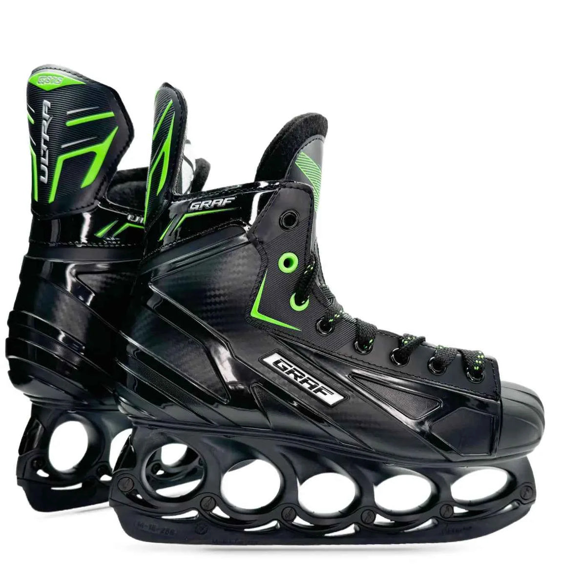 Graf Schlittschuh in Schwarz mit grünen Akzenten, eckigem Karbon-Look und 6-Ringkufe