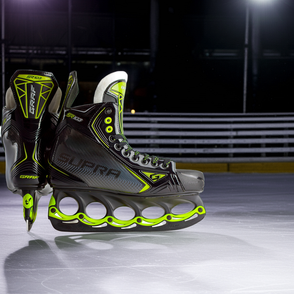 Eishockey-Schlittschuh als Paar, 3/4 Ansicht, schwarz mit Neongrün und Kufen