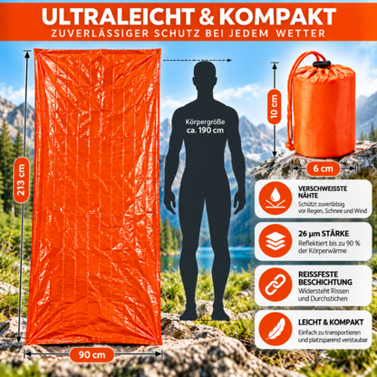 Notfall Schlafsack mit Alu Beschichtung 210 cm x 91 cm für PKW Camping Bergwandern