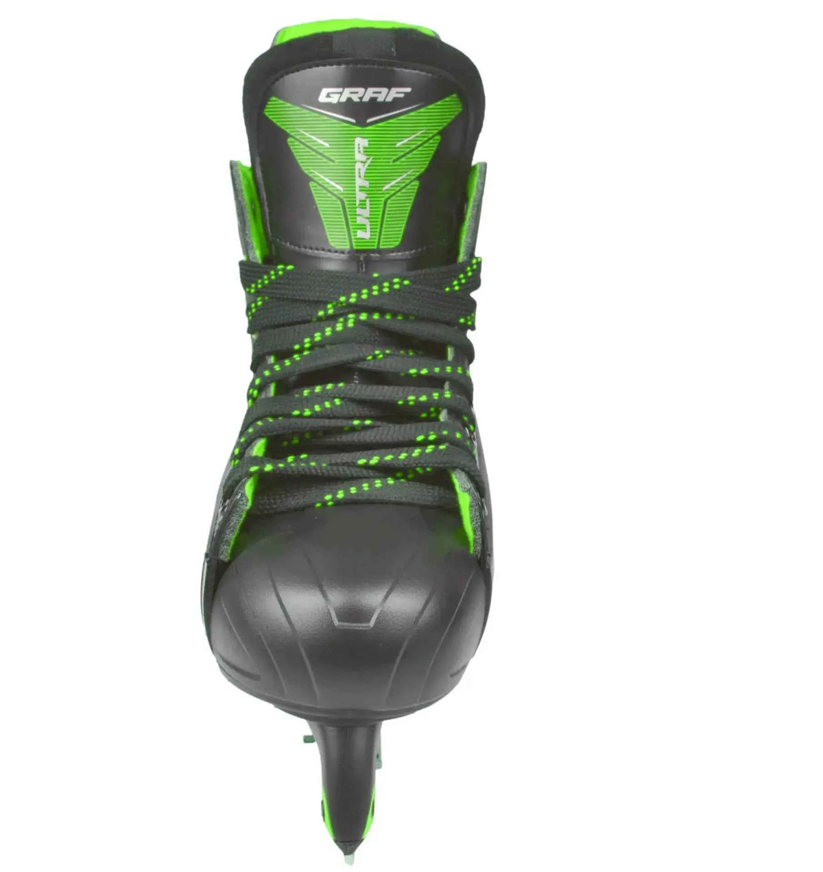 Graf Schlittschuh Frontansicht: schwarzer Stiefel mit grünem Oberteil und vorderer Spitze
