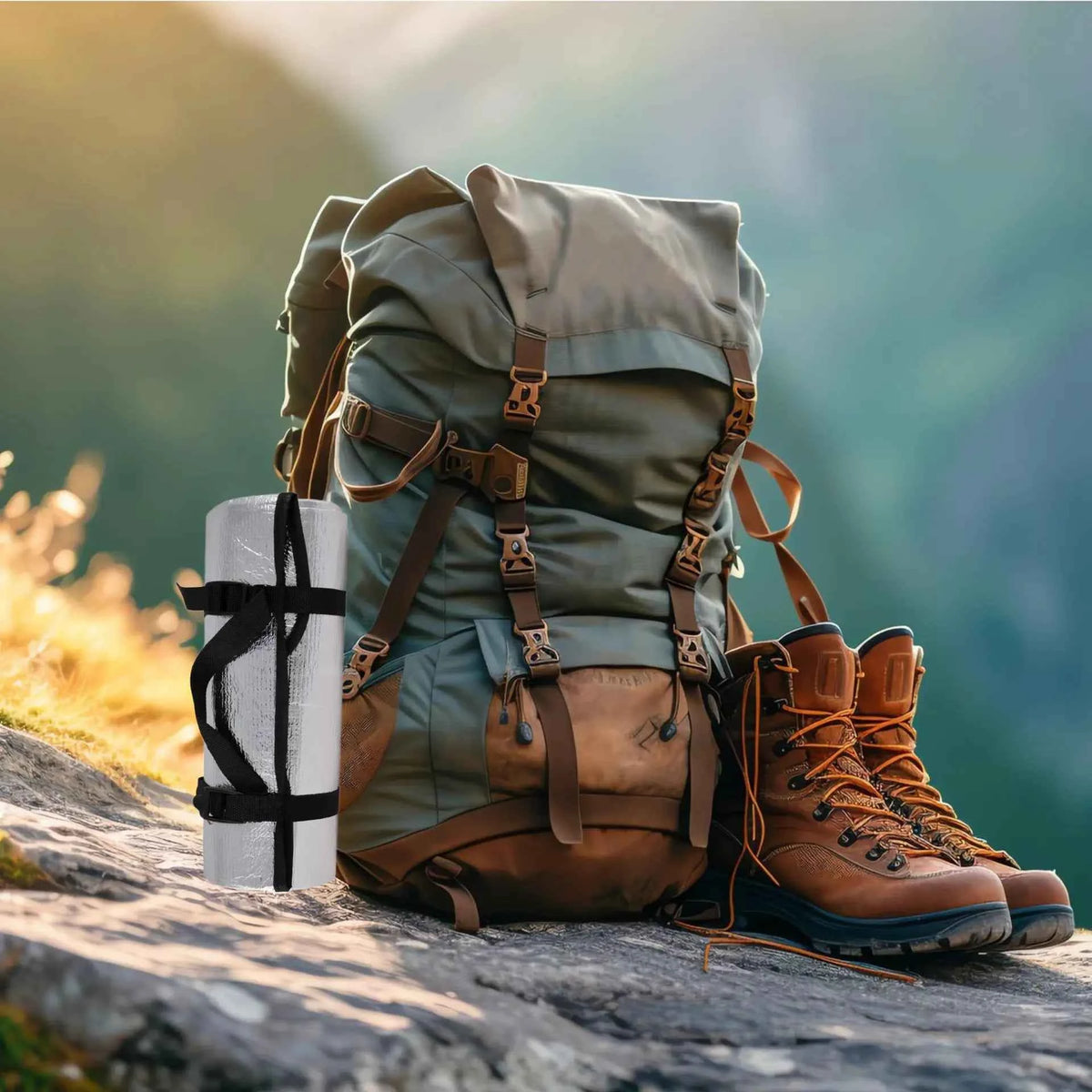 Isomatte als Unterlage, silbern, mit Tragegurt, an Rucksack befestigt
