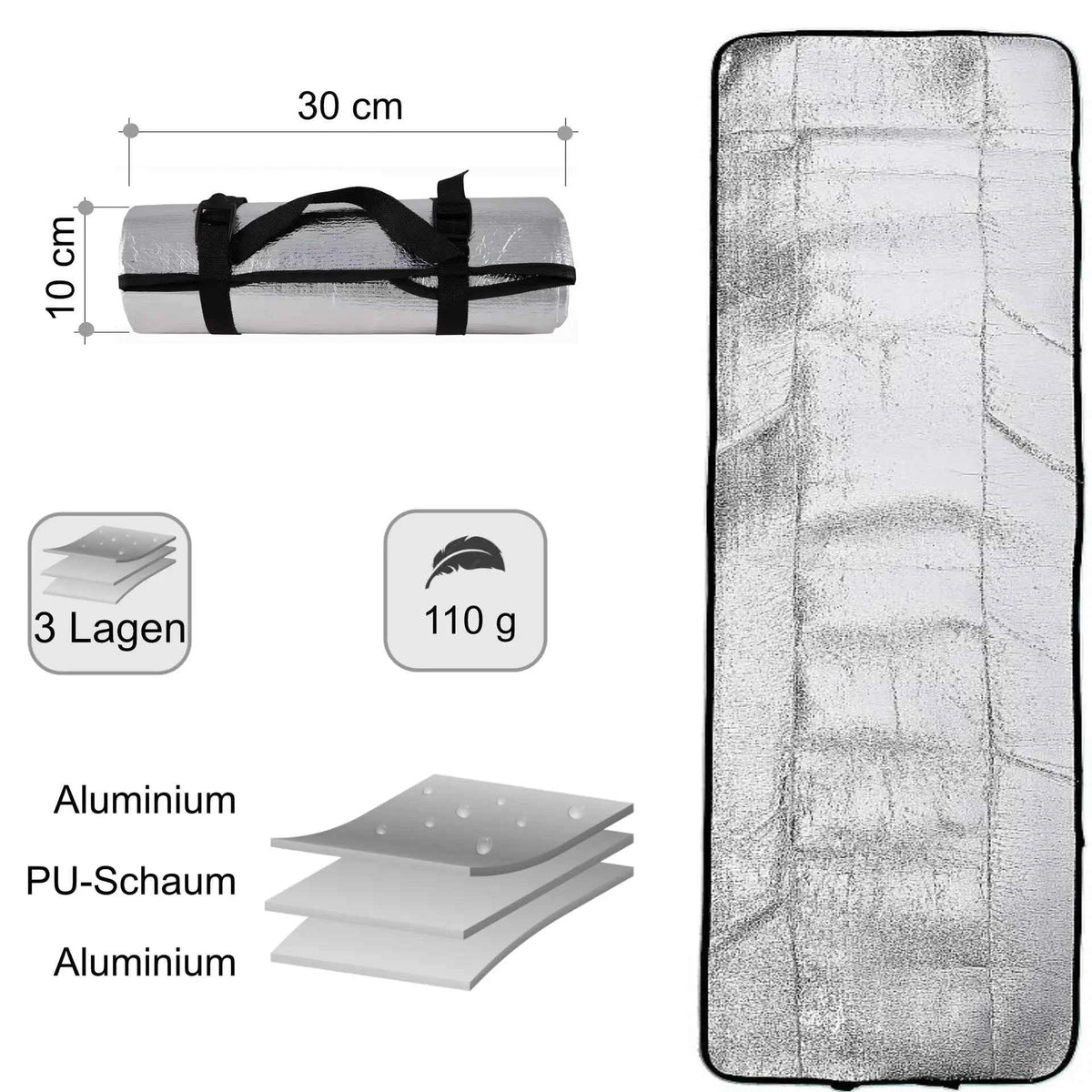 Isoliermatte mit silberner Aluminiumoberfläche, 3 Lagen, 110 g