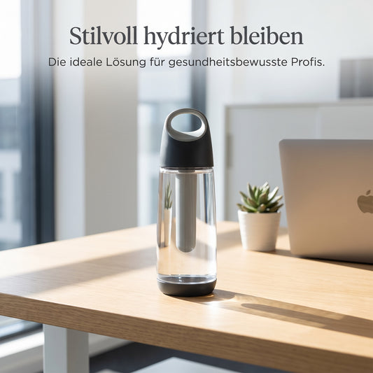 Kühl-Trinkflasche mit transparentem Behälter und schwarzem Deckel, integrierter Kühlstab