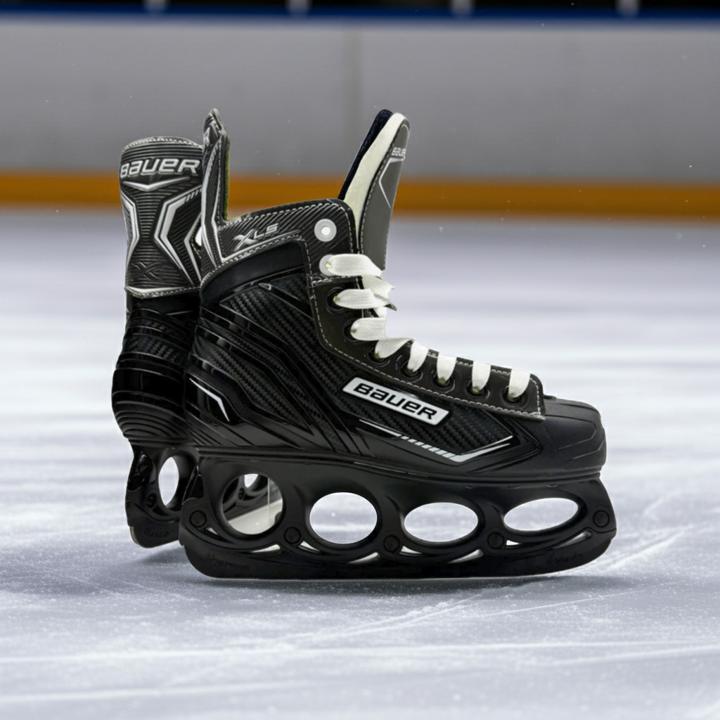 Eishockey-Schlittschuh Bauer Schwarz seitlich mit Kufen und Karbonoptik am Schaft