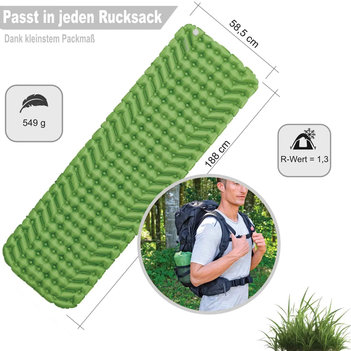 Grüne Luftschlafmatte mit Rippen- und Noppenstruktur, längliche Rechteckform