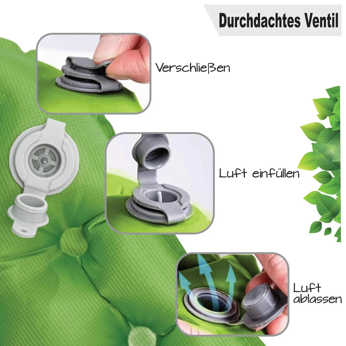 Grüne Luftschlafmatte mit integriertem Ventil und Verschlusskappe
