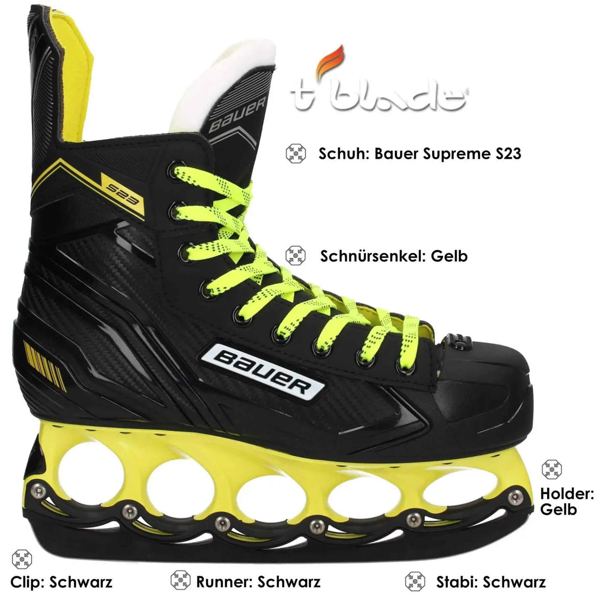 Eishockey-Schlittschuh von Bauer, schwarz mit gelben Akzenten, neonfarbene Schnürsenkel, Kufe