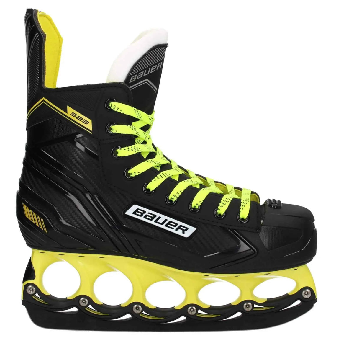 Bauer Eishockey-Schlittschuh, seitliche Ansicht, schwarz und gelb, neonfarbene Schnürsenkel