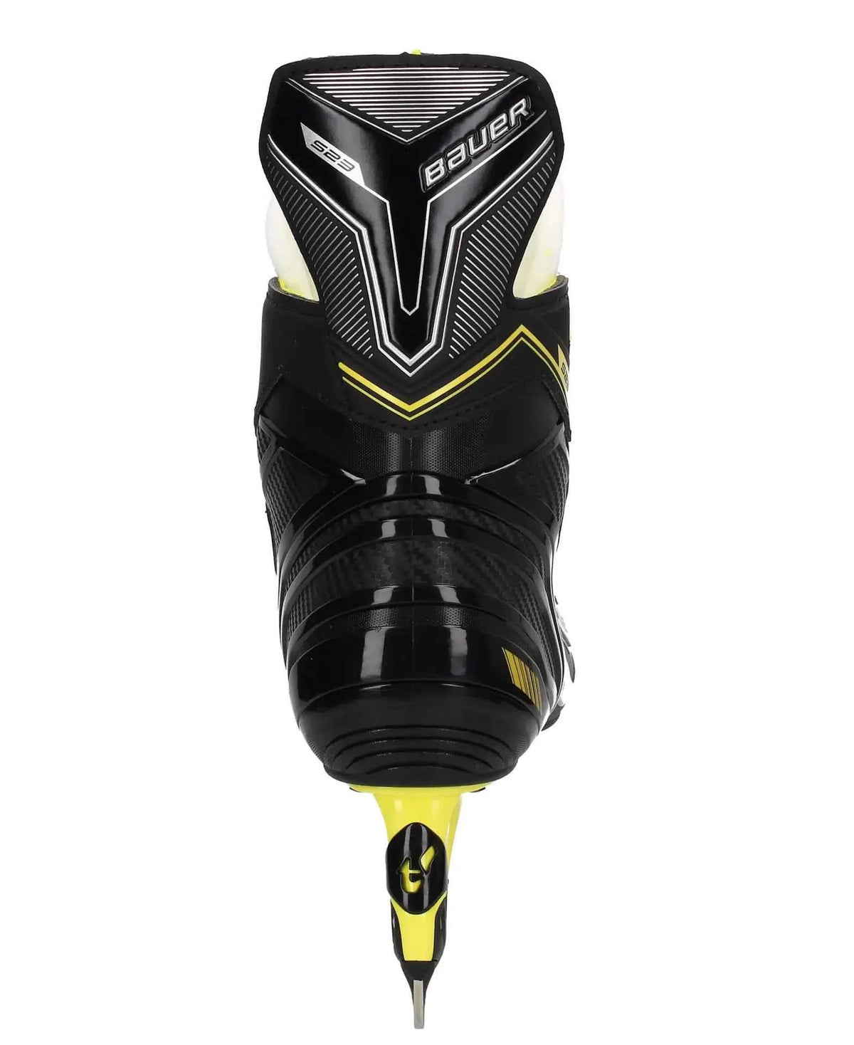 Bauer Eishockey-Schlittschuh, schwarz mit gelben Einsätzen, Profilansicht mit Kufe
