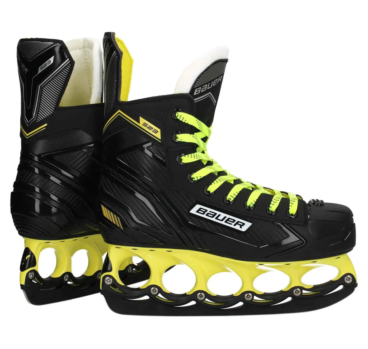 Eishockey-Schlittschuhe von Bauer, schwarz-gelb, neonfarbene Schnürsenkel und gelbe Kufe