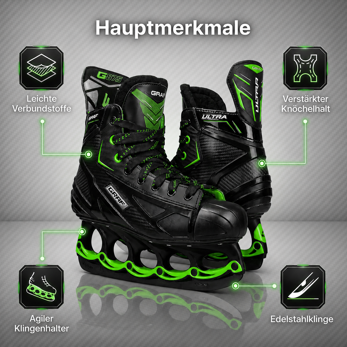Schwarzer Schlittschuh mit grünen Akzenten, gepolsterter Knöchelzone und gelochtem Kufenbereich