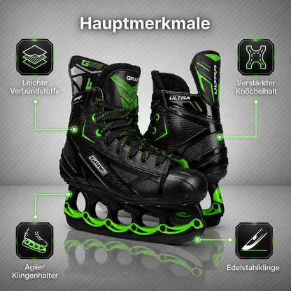 Schwarzer Schlittschuh mit grünen Akzenten, gepolsterter Knöchelzone und gelochtem Kufenbereich