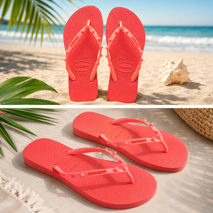 Havaianas Slim Zehentrenner Korallrot als Paar mit schmalem Riemen