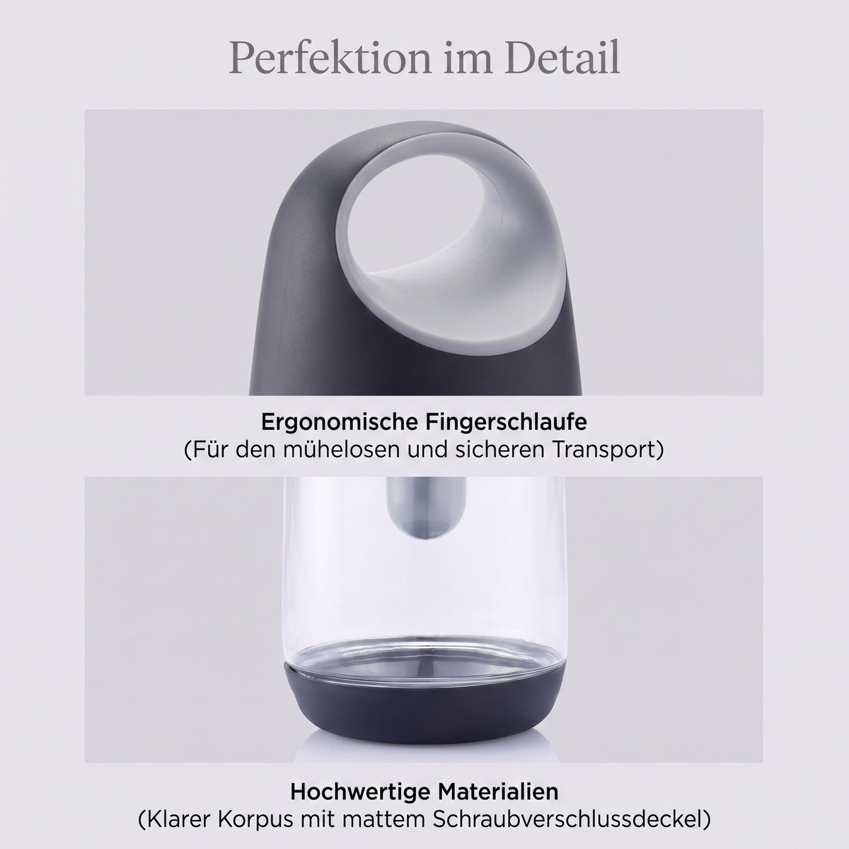 Kühl-Trinkflasche mit kurzem Tragegriff am Deckel und transparentem Korpus, Kühlstab