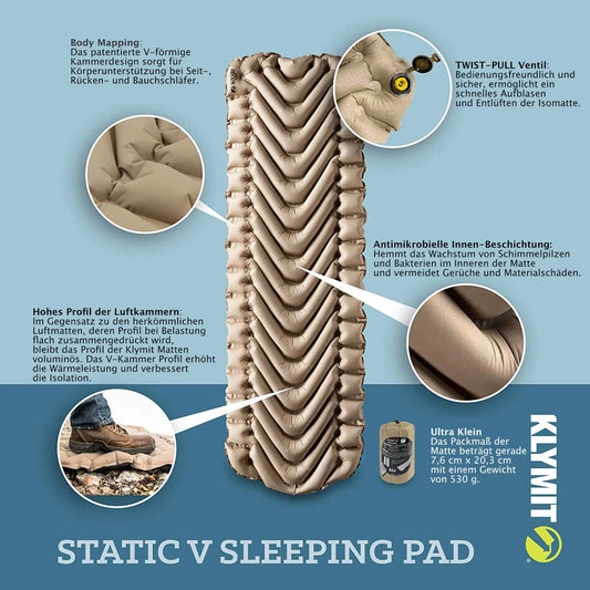 Klymit Isomatte Luftmatratze STATIC V Recon Trekking Bett für Bike und Outdoor nur 530 Gram - Outdoor Alm