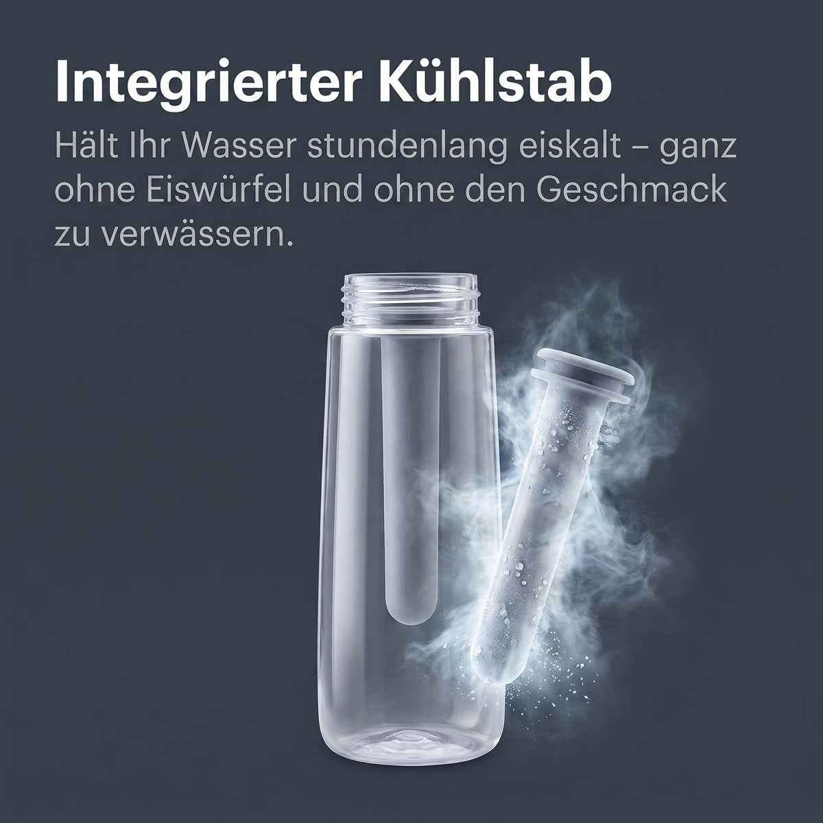Kühl-Trinkflasche mit transparentem Korpus und schwarzem Boden, integriertes Kühlelement