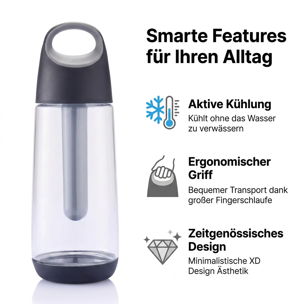 Trinkflasche mit ergonomischem Griff am Deckel, transparentem Korpus und Kühlstab