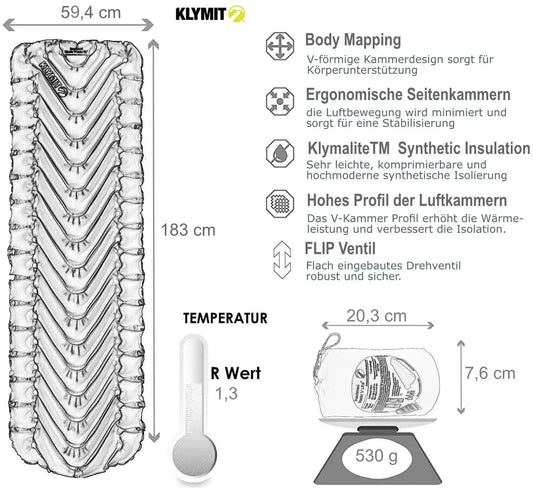 Klymit Isomatte Luftmatratze STATIC V Green Trekking Bett für Bike und Outdoor nur 530 Gram