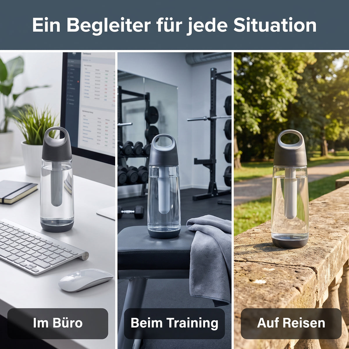 Trinkflasche mit transparentem Korpus, schwarzem Deckel und Kühlstab, mehrere Ansichten