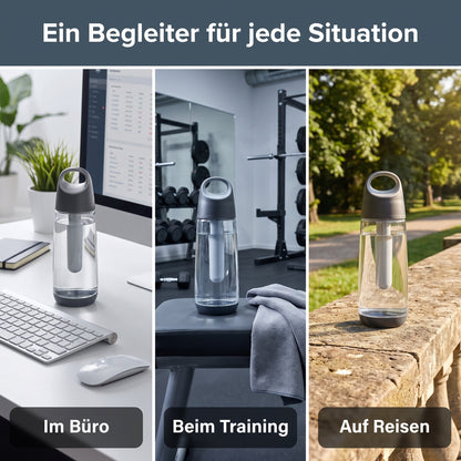 Trinkflasche mit transparentem Korpus, schwarzem Deckel und Kühlstab, mehrere Ansichten