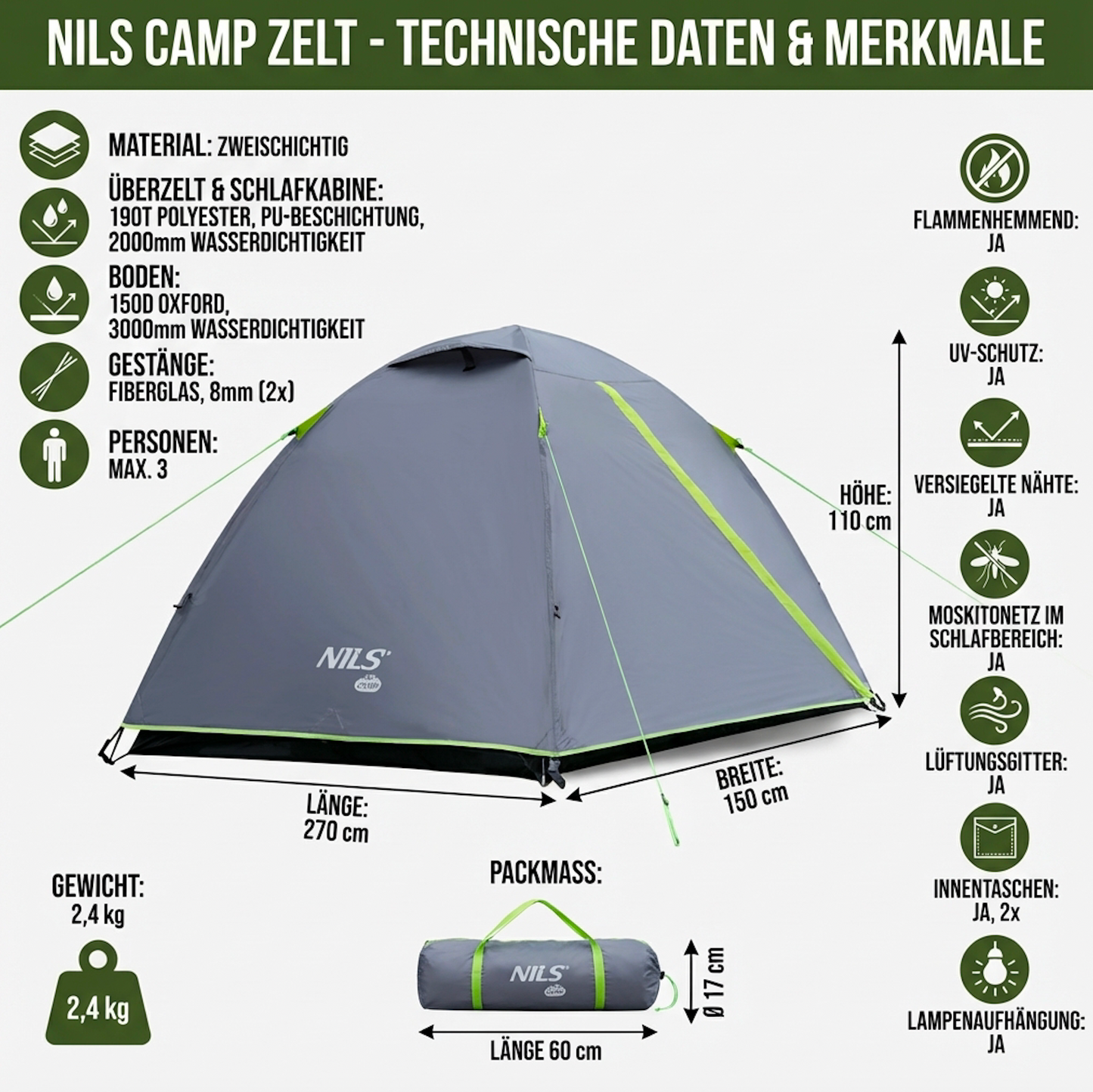 CAMPINGZELT NC6004 Zelt 3 Personen GRAU EXPLORER