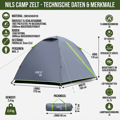 CAMPINGZELT NC6004 Zelt 3 Personen GRAU EXPLORER