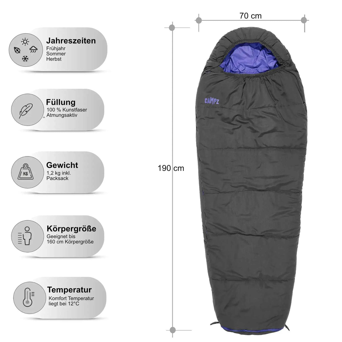 Kinder-Mumienschlafsack, dunkelgrau mit violettem Innenfutter, körpernaher Schnitt mit Kapuze
